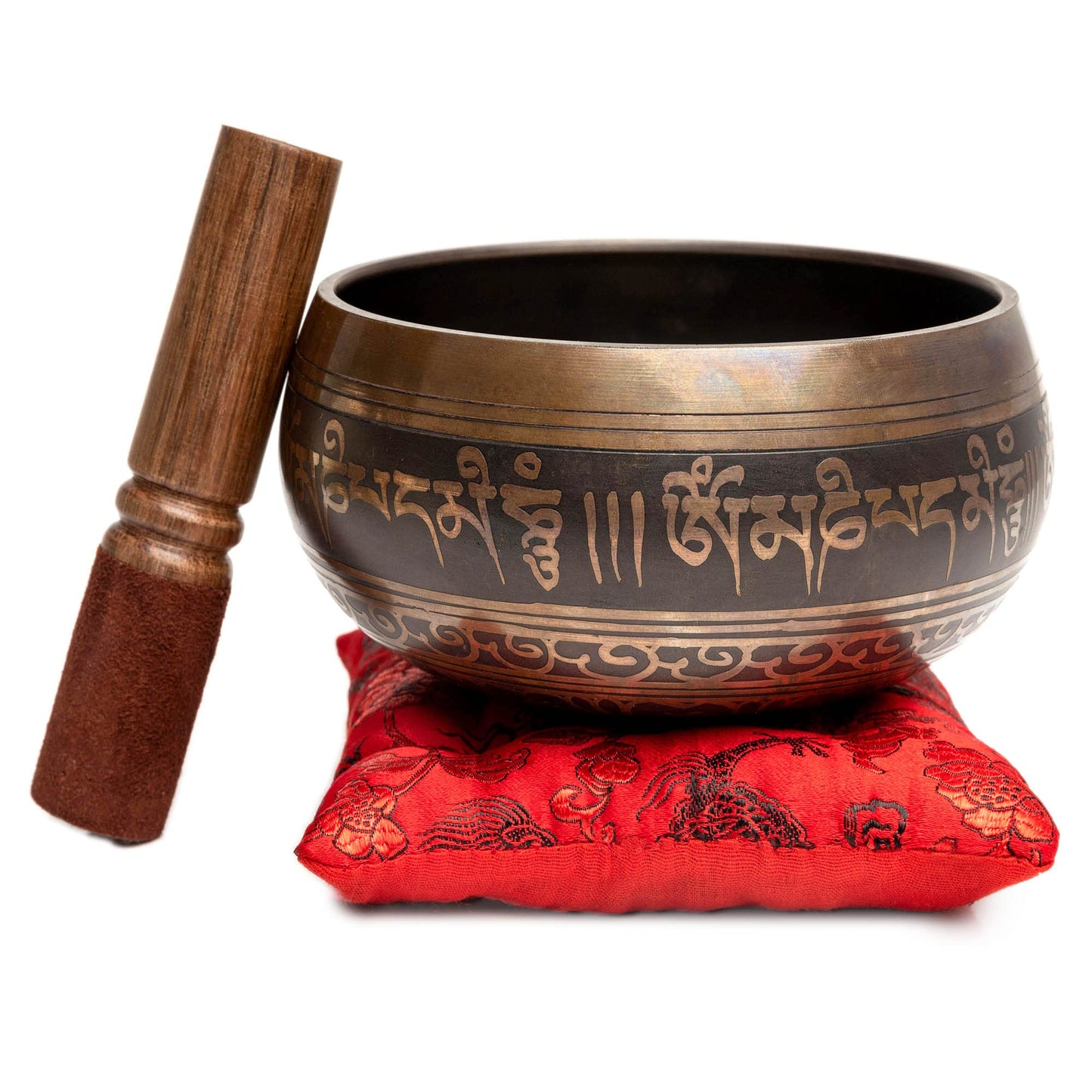 Premium Tibetan Singing Bowl Set – Handmade in Nepal Sound & Meditation Bowl – Spiritual Decor for Yoga, Wellness Spaces & Relaxation by Himalayan Bazaar (Brown & Red)