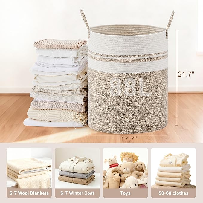 Tall Laundry Basket with Handles, 88L Portable Dirty Clothes Hamper, Boho