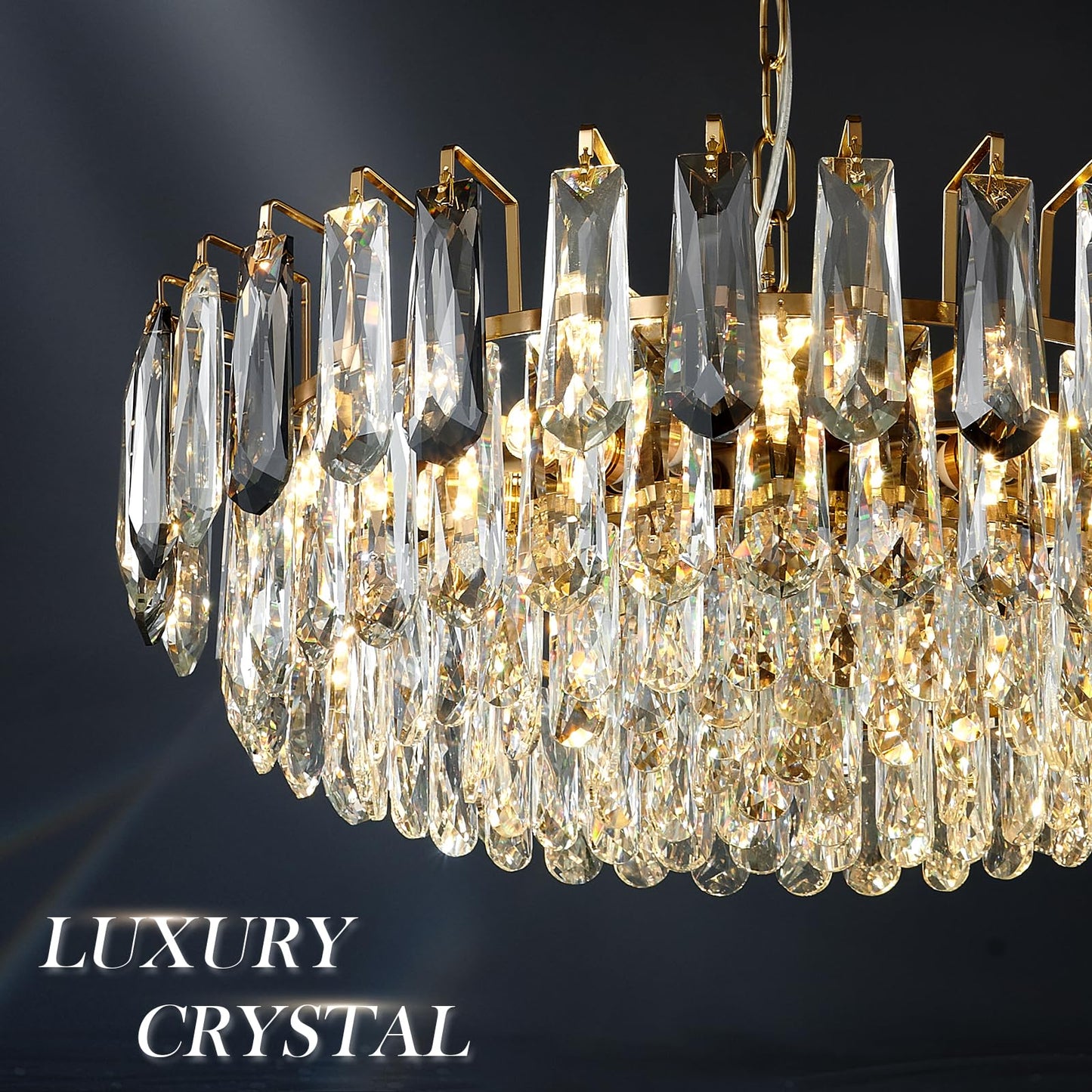 XIAOQIWU 23.6" Modern Crystal Chandelier with Grey Crystal Gold 3-Tier Luxury Pendant Light 12-Light Ceiling Pendant Lighting for Dinning Room Living Room Foyer