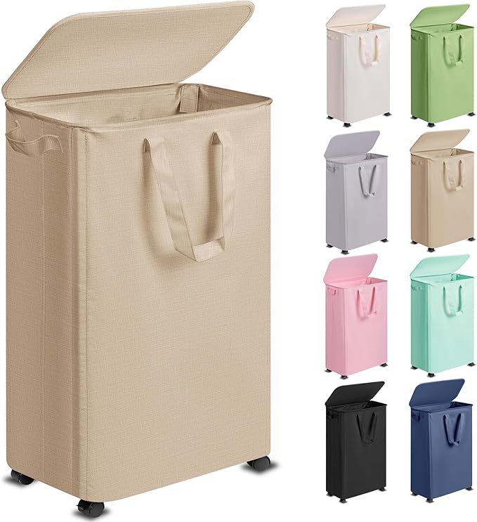 Slim Laundry Hamper with Lid and Wheels, Small Rolling Laundry Basket with