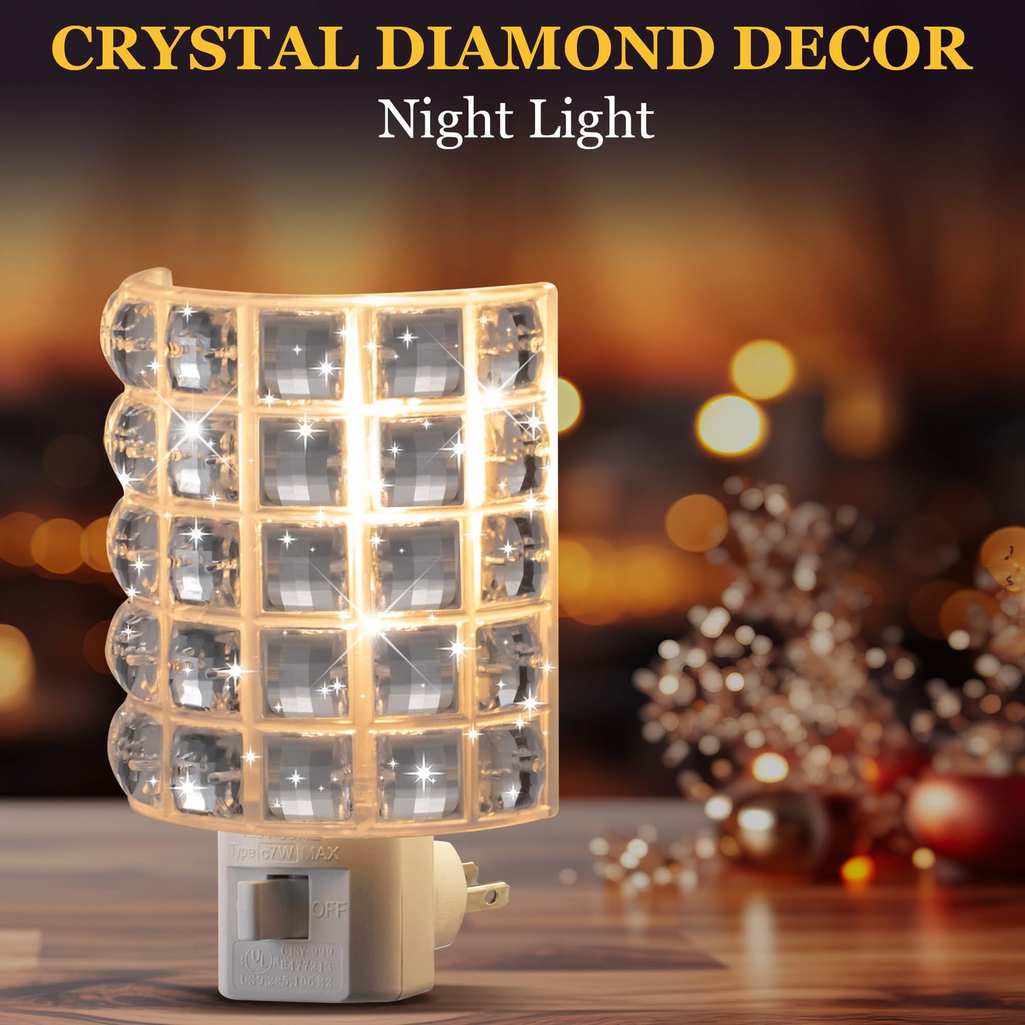 Crystal Diamond LED Night Light Plug into Wall, Decorative Plug in Night Light with Manual On/Off Switch and 360° Rotating Plugs, Warm White Ambient Nightlight for Bedroom, Bathroom, Hallway Decor