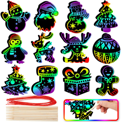 JOYIN 48 Pcs Christmas Scratch Art Ornaments, Rainbow Color Scratch Paper in Front Side & Coloring Card in Back Side, Scratch Off Kids Party Favors Supplies, Holiday DIY Art Craft Kit Activities Gifts