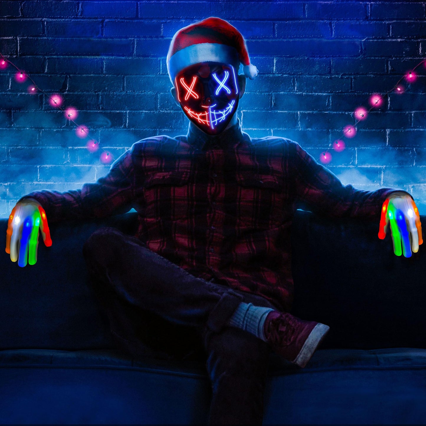 Sago Brothers Halloween Mask, LED Light up Mask Skeleton Gloves Set, Halloween Costumes for Boys Girls, Scream Scary Mask Redblue