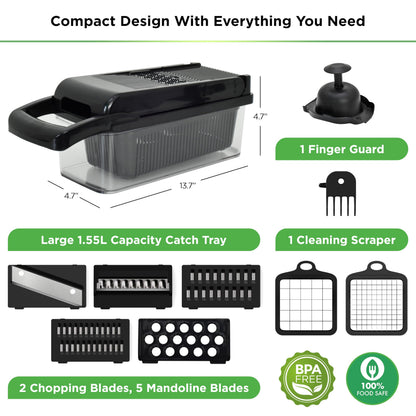 PrepNaturals Vegetable Chopper with Container, Veggie Chopper, Food Chopper & Onion Chopper - Mandoline Slicer for Kitchen (8 in 1, Black)