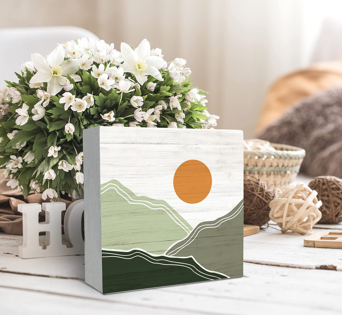 SRADMO Abstract Boho Sun Green Mountains Wood Box Sign Desk Decor, Bohemian Nature Landscape Wooden Block Box Sign Decoration For Home Office Shelf Table Decor