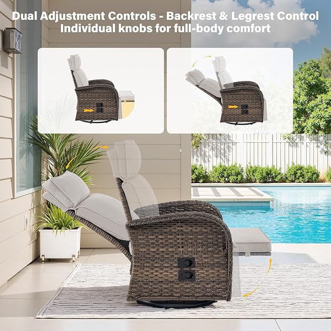 5 Piece Patio Furniture Set with Swivel Recliner Chair - Removable Outdoor Patio Couch Set, Chaise Lounge Chair Outdoor with Adjustable Backrest and Footrest and Coffee Table for Casual Gathering