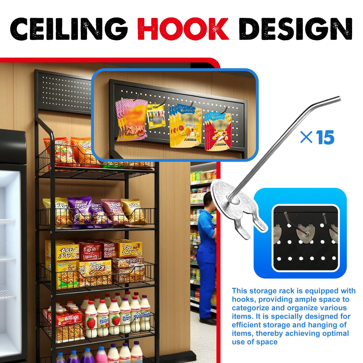 5 Tier Retail Candy Display Rack Metal Storage Shelf with Wheels & 15 Hooks Concession Candy Snack Display Racks Sturdy and Stable Chip Shelf Rack for Stores, Kitchen, Office (Black, 19.7*10.6*65 in)