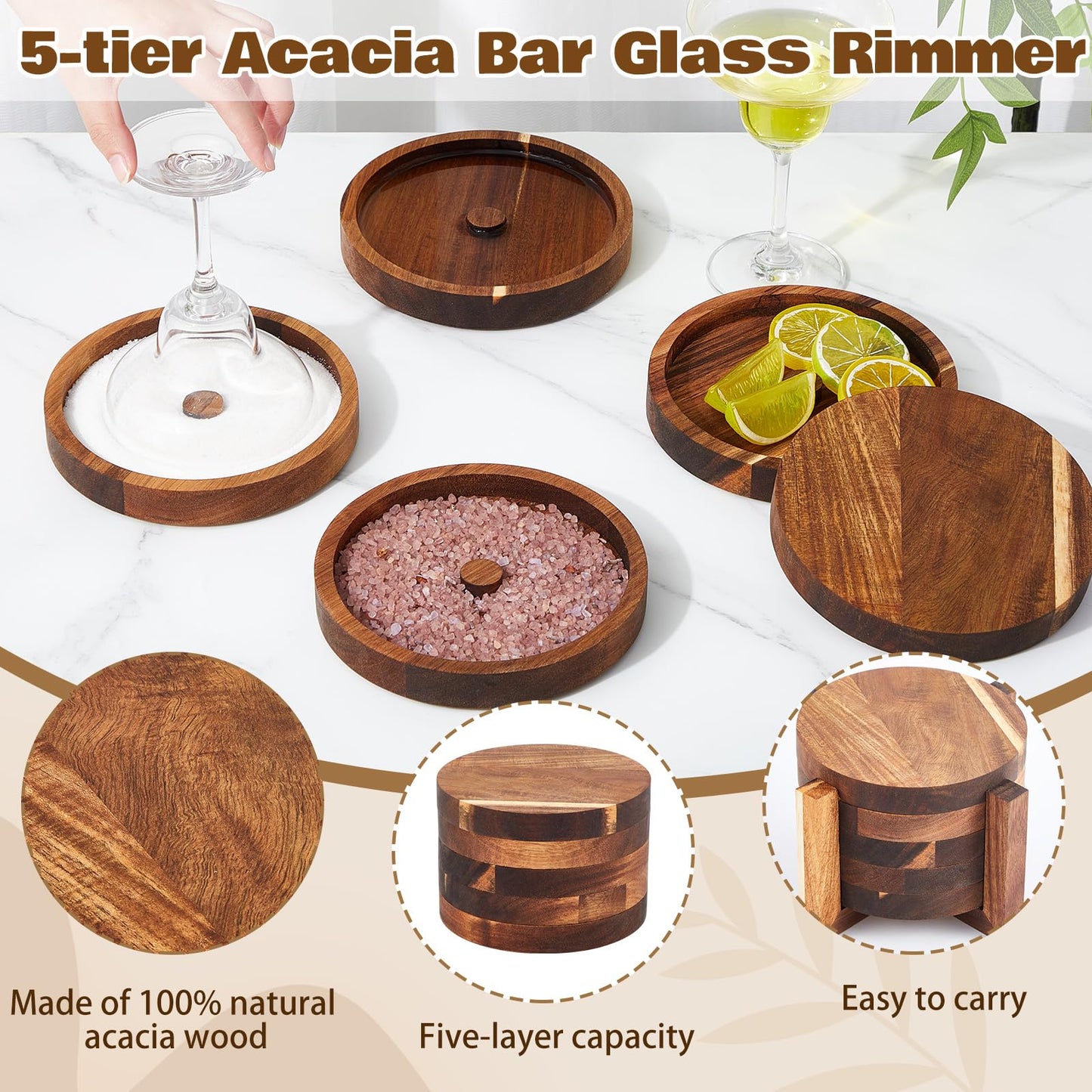Margarita Salt Rimmer Set, 5-Tier Acacia Salt Rimming for Cocktails, Bartender Accessories & Home Bar Gifts, Complete Margarita Kit for Christmas Valentine's Day Party