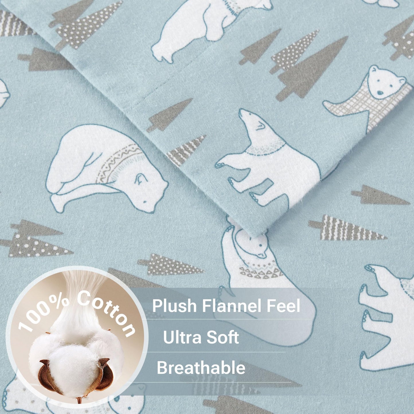 True North by Sleep Philosophy Cozy Flannel Warm 100% Cotton Sheet - Novelty Print Animals Stars Cute Ultra Soft Cold Weather Bedding Set, Twin XL, Blue Polar Bears 3 Piece
