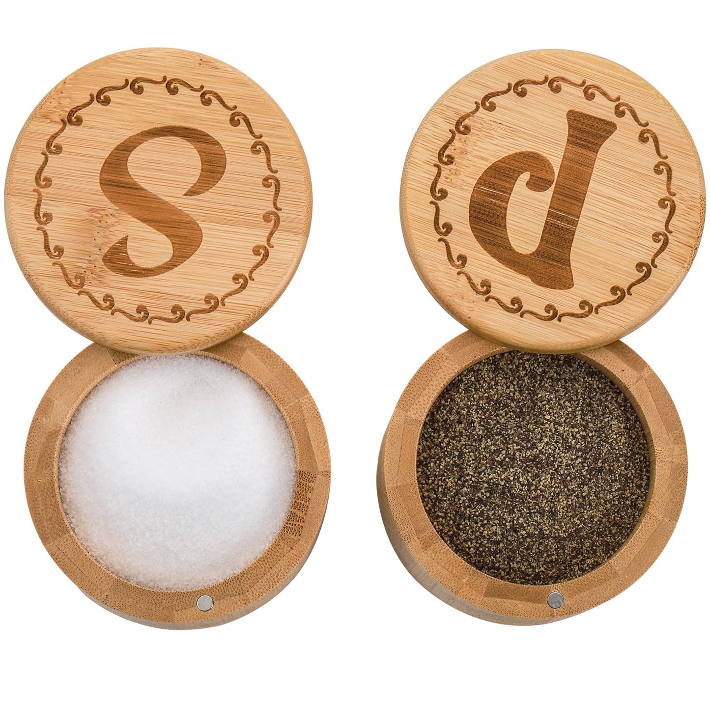 Tosnail 2 Pack Bamboo Salt and Pepper Holder Box with 2 Spoons, Spice Jars Containers, Seasoning Storage Box with Swivel Lid and Magnet Lock - 6 oz Capacity
