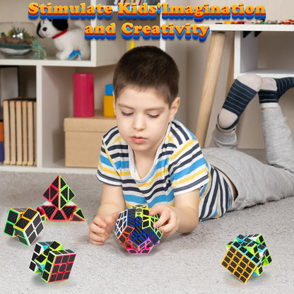 Coolzon Speed Cube Set 5 Pack Magic Puzzle Cubes Pyraminx Pyramid + Megaminx + 2x2x2 + 3x3x3 + 4x4x4 Cube Toys with Carbon Fiber Sticker for Kids Adults