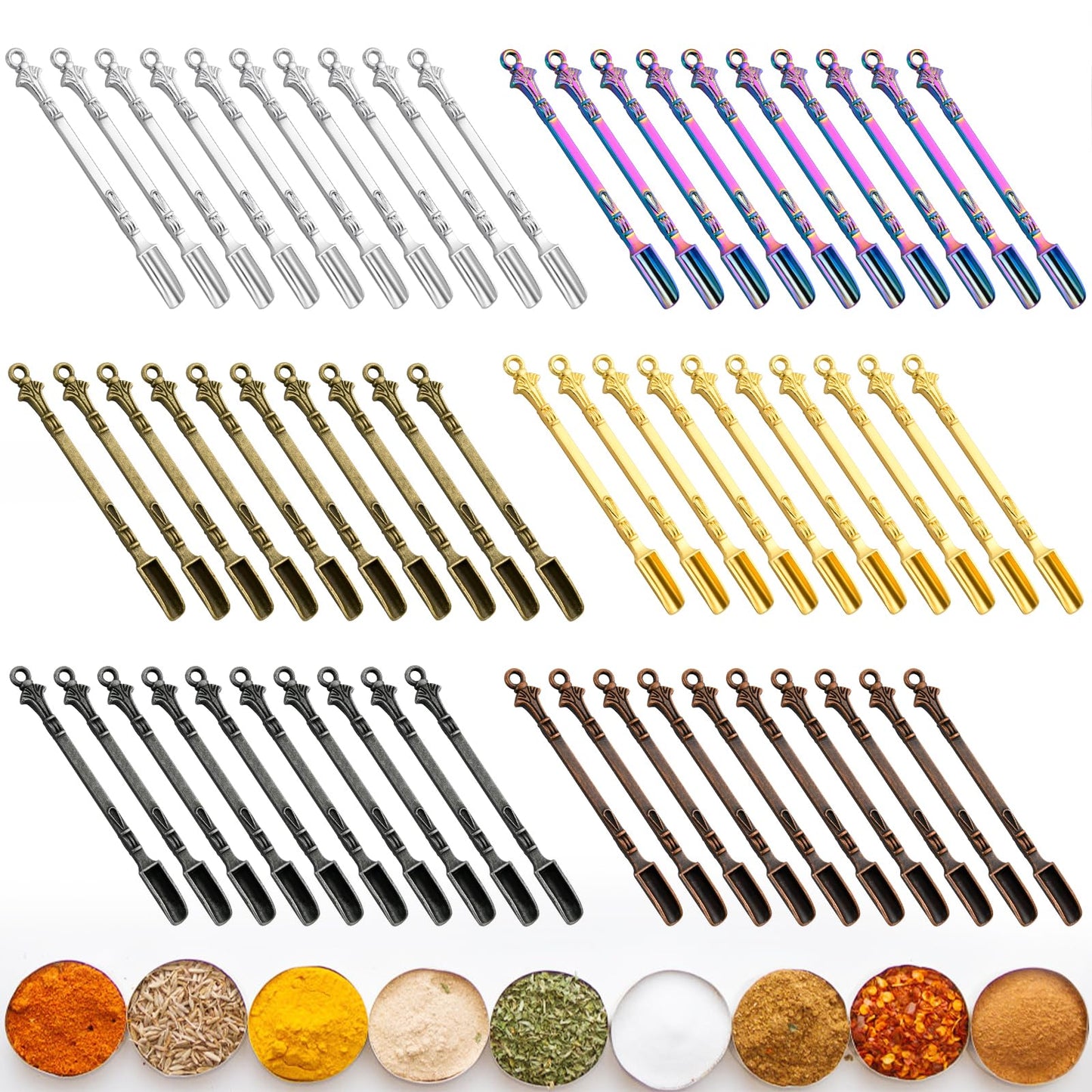 Boocalny 60Pcs Mini Shovel Spoons, 3.23 inch Metal Spices Power Scoop, Tiny Spoons for Powder, Mini Pendant Spoon for Measuring Spices, Herbs, Powder, Coffee, Sugar, DIY Craft (Muticolor)