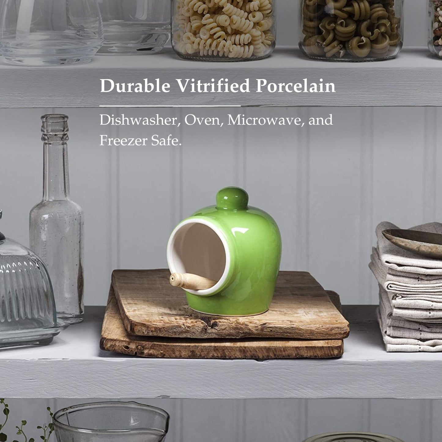WM Bartleet & Sons 1750 T345G Traditional Porcelain Small Pig with Wooden Salt Serving Spoon-Green