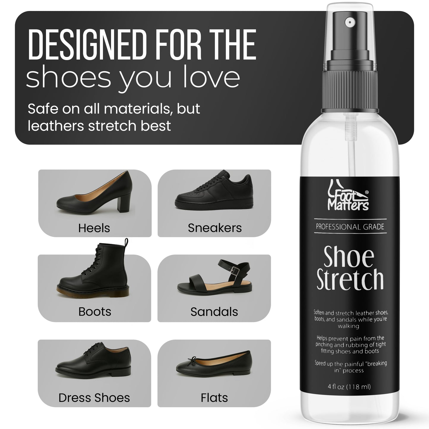 FootMatters Professional Boot & Shoe Stretch Spray – Softener & Stretcher for Leather – 118 ml