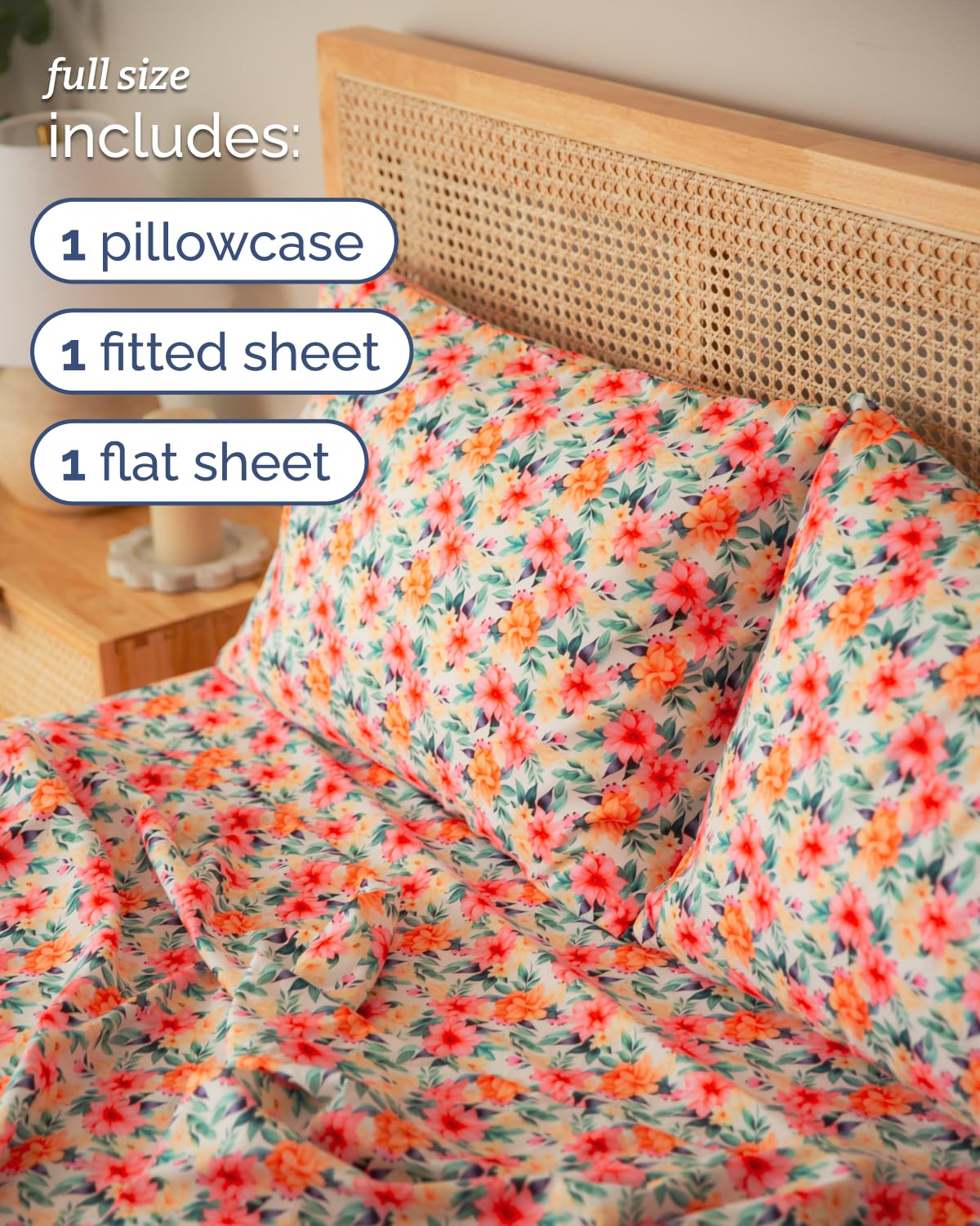 Floral Sheets - Flower Print Bed Sheet Set - 1 Flat, 1 Fitted & 2 Pillowcases w/ Deep Pockets - Comfy, Cozy, Wrinkle & Fade Free - Boho Botanical Bedding - Soft, Breathable & Cooling - Full Size Set