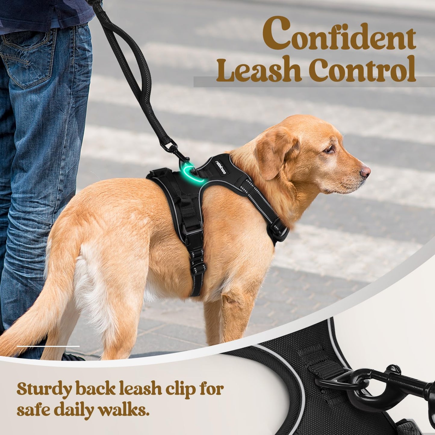 rabbitgoo Dog Harness Large Dog No Pull Pet Harness with 2 Leash Clips, Adjustable Soft Padded Pet Vest Harness, Reflective No-Choke with Easy Control Handle for Training or Walking, Black, L