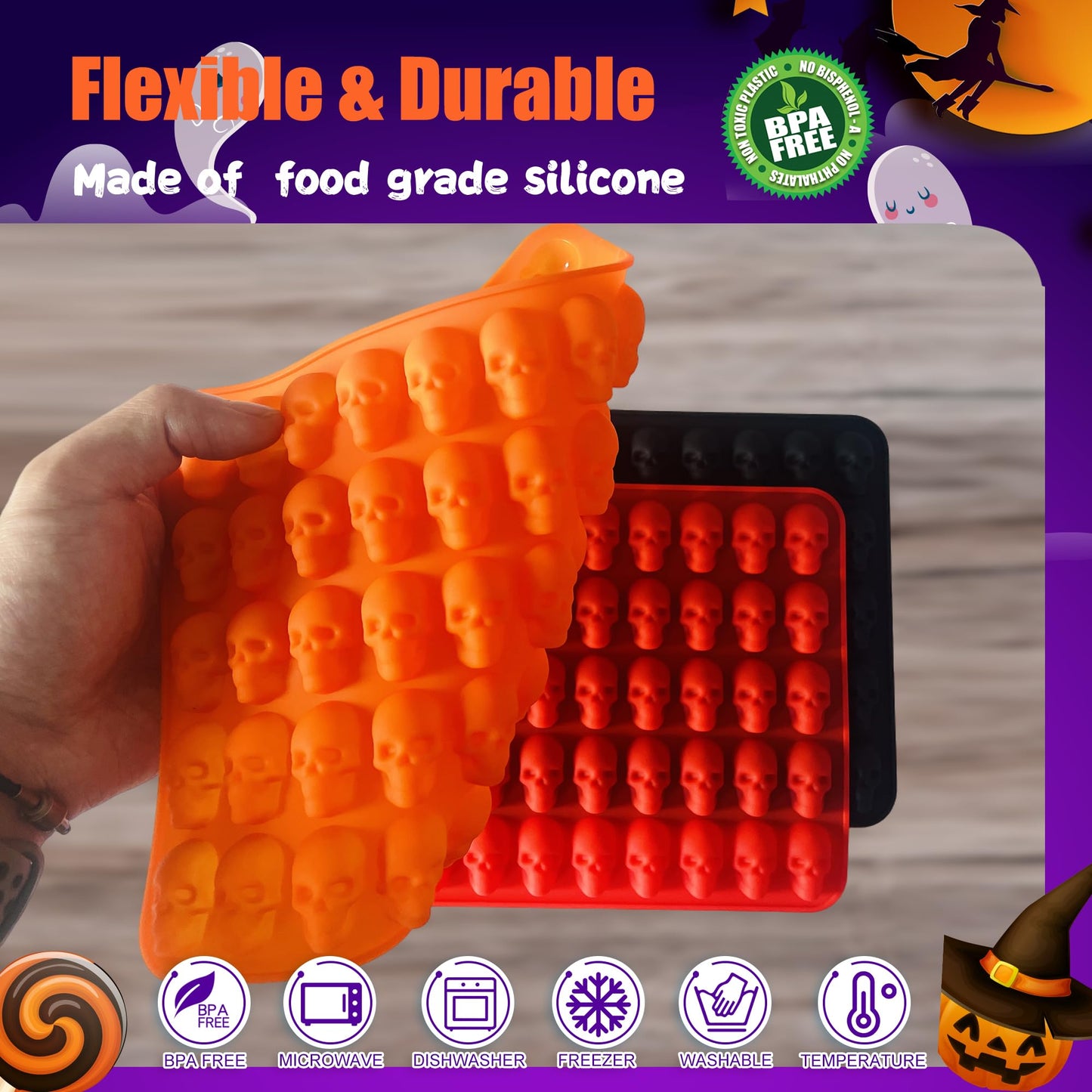 RUGVOMWM 3 Pack Halloween Gummy Skull Candy Molds Silicone,Halloween Mini Skull Mold with 2 Droppers for Chocolate, Candy,Ice Cube - Orange，Red，Black