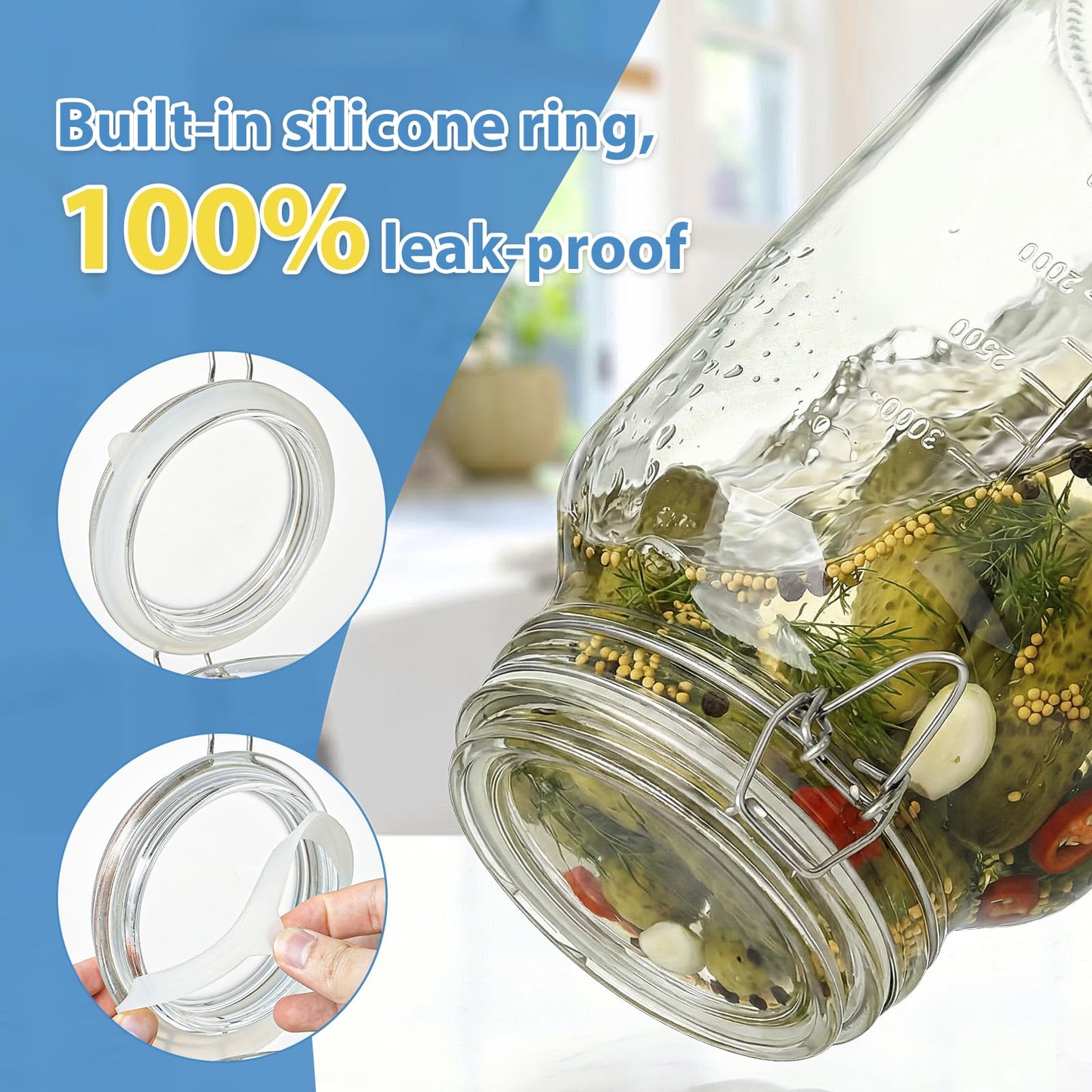 1 Gallon Super Wide Mouth Glass Storage Jars with Airtight Lids and 2 Measurement Marks, Leak Proof Glass Container with Hinged Lids, Large Pickle Jars with Labels and Silicone Gasket, 2 Pack