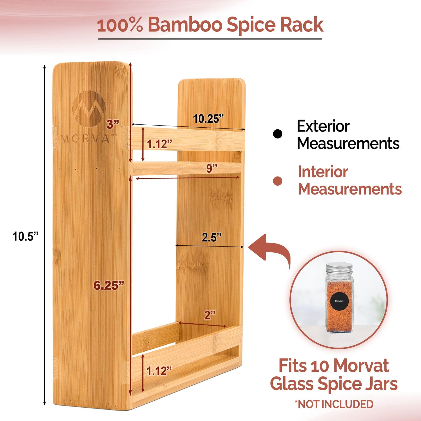 Morvat Bamboo Wooden Spice Jar Rack, 2-Tiered Seasoning Holder Organizer Set with 2 Shelves, Spice Storage Shelf for Kitchen Pantry & Cabinet, Counter or Wall Mount Option with Included Hardware