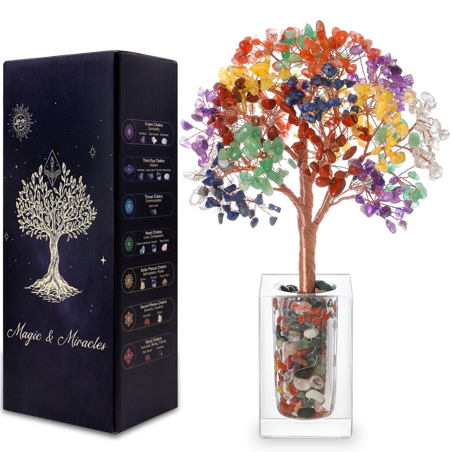 Magic and Miracles 7 Chakra Tree of Life Healing Crystal Bonsai Fengshui Tree, Office Desk Decor Home Living Room Decorations, Christmas Birthday Housewarming Meditation Yoga Gifts for Women Mom