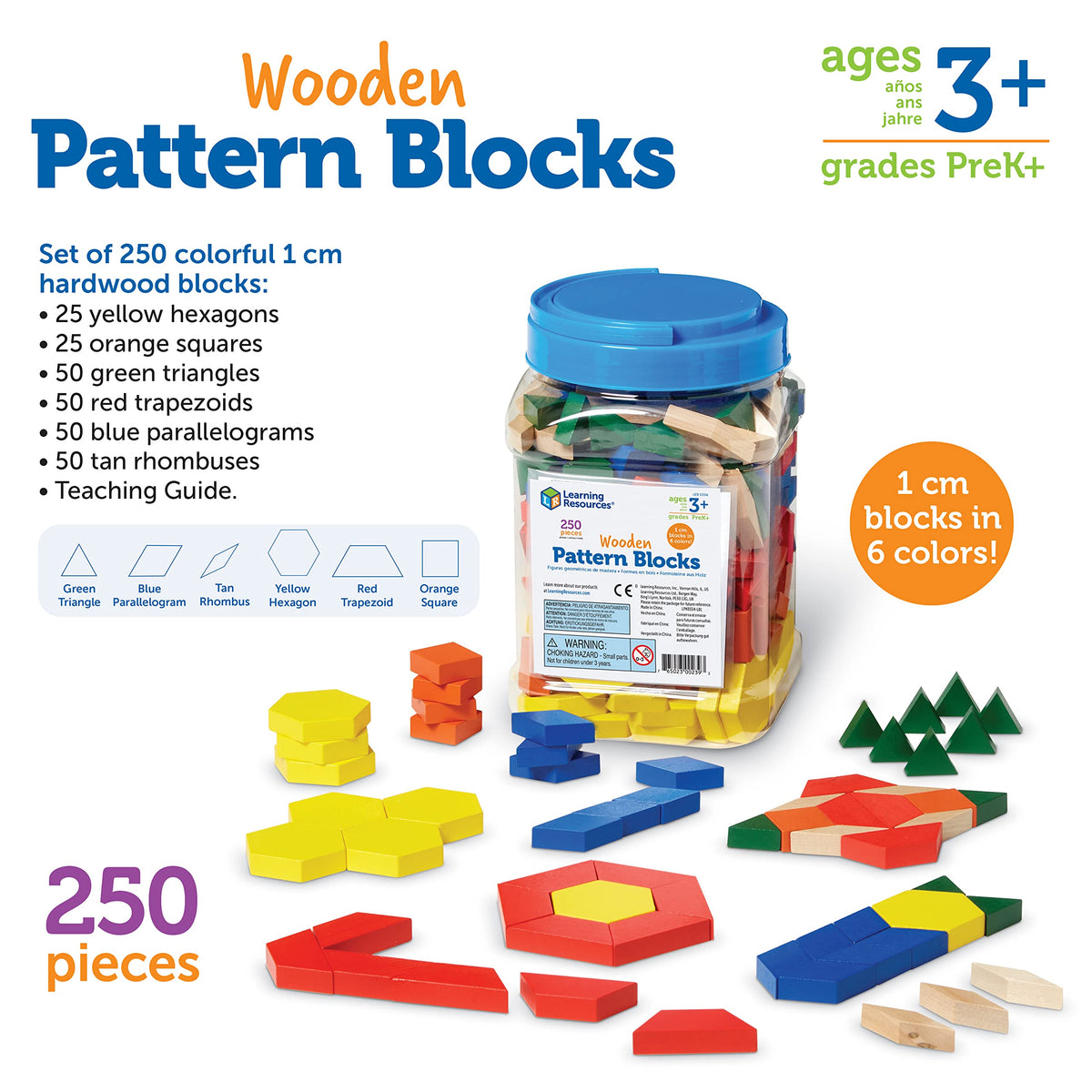 Learning Resources Wooden Pattern Blocks - Educational Toys and Tangram Puzzle Manipulatives for Kindergarten, Early Math Toys, Wood Pattern Blocks for Classroom and Homeschool, Teacher Must Haves