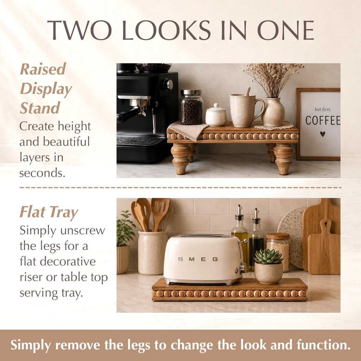 Felt Creative Home Goods Decorative Wood Risers for Decor | Tiered Tray Stand | Farmhouse Beaded Riser Stand for Decor | Wooden Pedestal Stand Large 12x16 Beaded Tray for Kitchen Coffee Bar (Brown)
