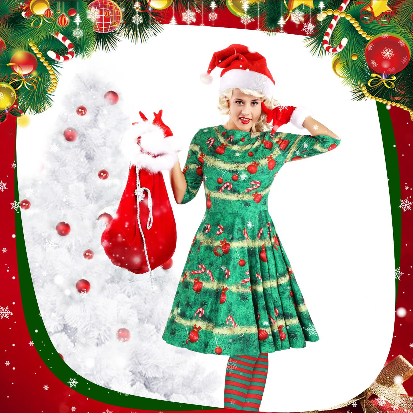 Hillban 3 Pcs Christmas Elf Costume Set Women Short Sleeve Christmas Dress Thigh High Socks Santa Hat (Candy Tree,Medium)