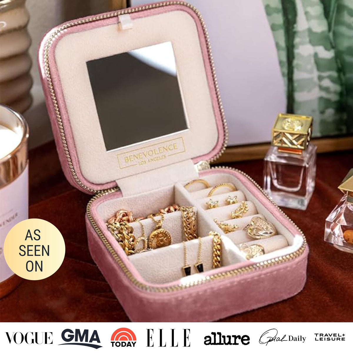 Benevolence LA Plush Velvet Jewelry Box | Travel Jewelry Case Organizer with Mirror | Featured in Oprah's Favorite Things | Best Gifts For Daughter, Girlfriend, Mom | Gifts For Her - Dusty Pink