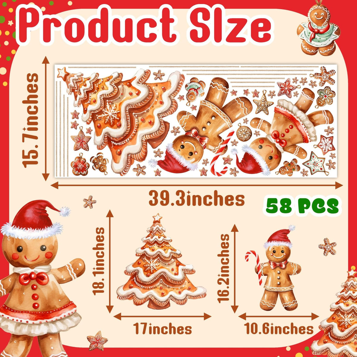 Christmas Window Decoration Clings Gingerbread Decals for Glass Double-Side Xmas Tree Holiday Window Decal Reusable Removable Snowflake Static Cling for Indoor Home Office Display Winter Decoration