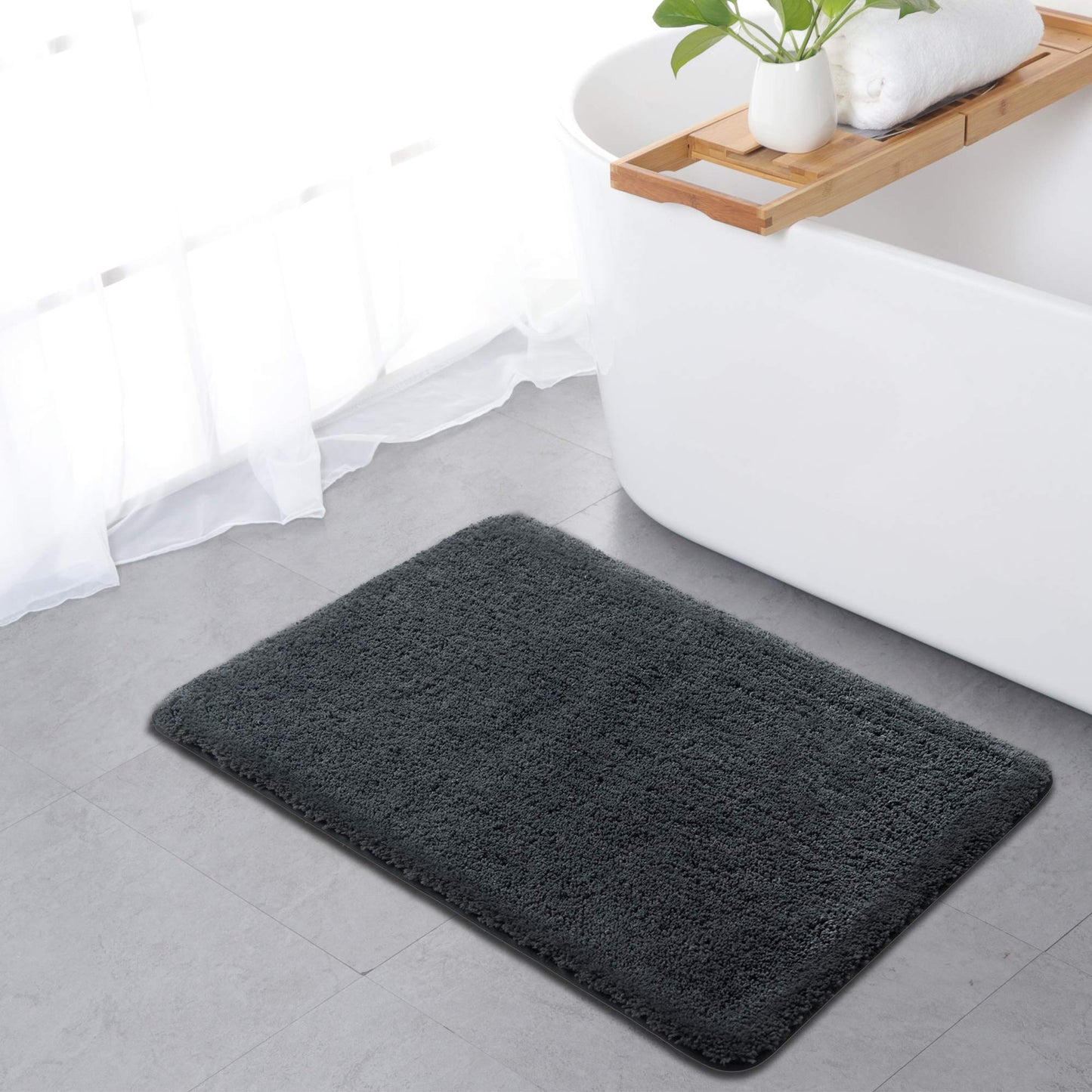 SFLXO 80cm x 50cm Non Slip Bath Mat Machine Washable Durable Soft Fluffy Microfiber Bathroom Mat Water Absorbent Bath Rug Deep Grey