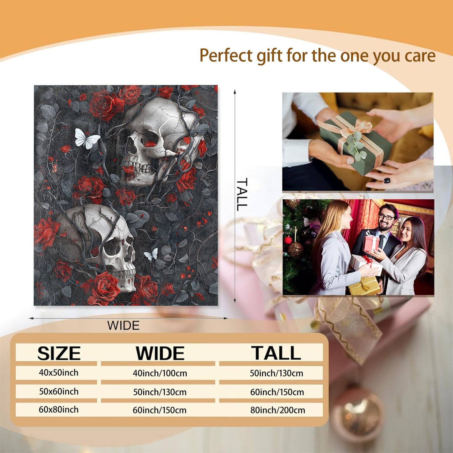 Skull Rose Gothic Blanket Gifts for Women Adults, Soft Warm Lightweight Flannel Throw Blankets for Camping Bedroom Living Room Home Sofa Travel Decor 50" x 60"