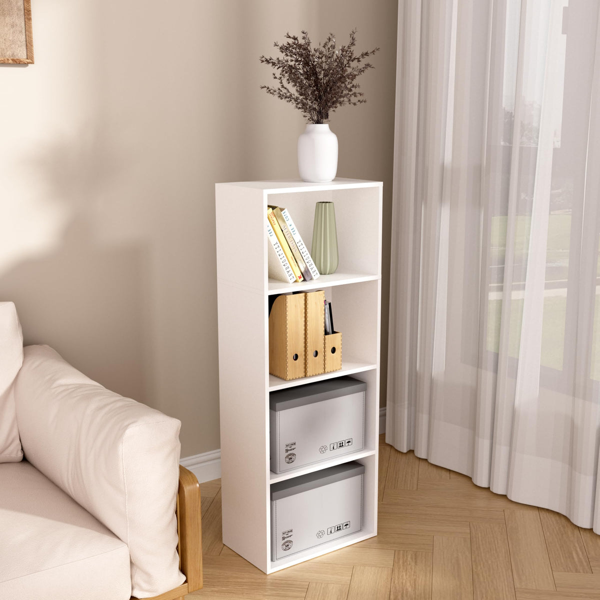 NewBeth Wooden 4 Cube Storage Organizer, 4 Tier Tall Modern Bookshelf Freestanding Storage Display Organizer, Versatile Cubes Shelf and Cubby Unit for Living Room, Bedroom, Home Office 15.7inch