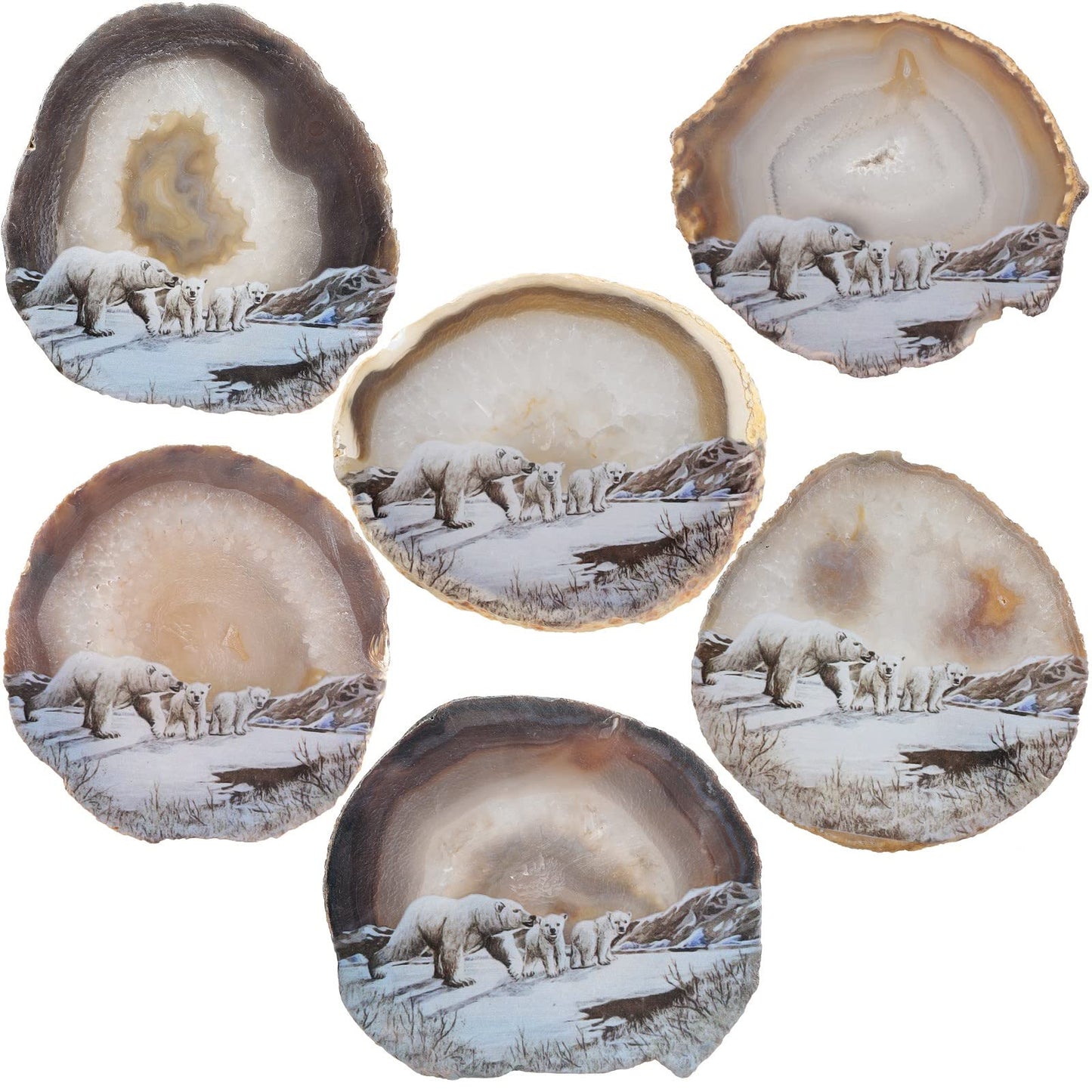 Nupuyai Natural Agate Stone Slice Decor for Home Office, Irregular Geode Agate Painting Artwork with Wooden Stand, Polar Bear