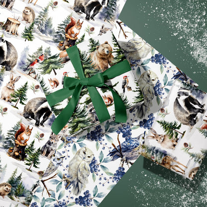 WRAPAHOLIC Kraft Christmas Wrapping Paper Roll - Mini Roll - 3 Rolls - 17 Inch x 120 Inch Per Roll - White Wild Animals Winterfall Watercolor Holiday Collection