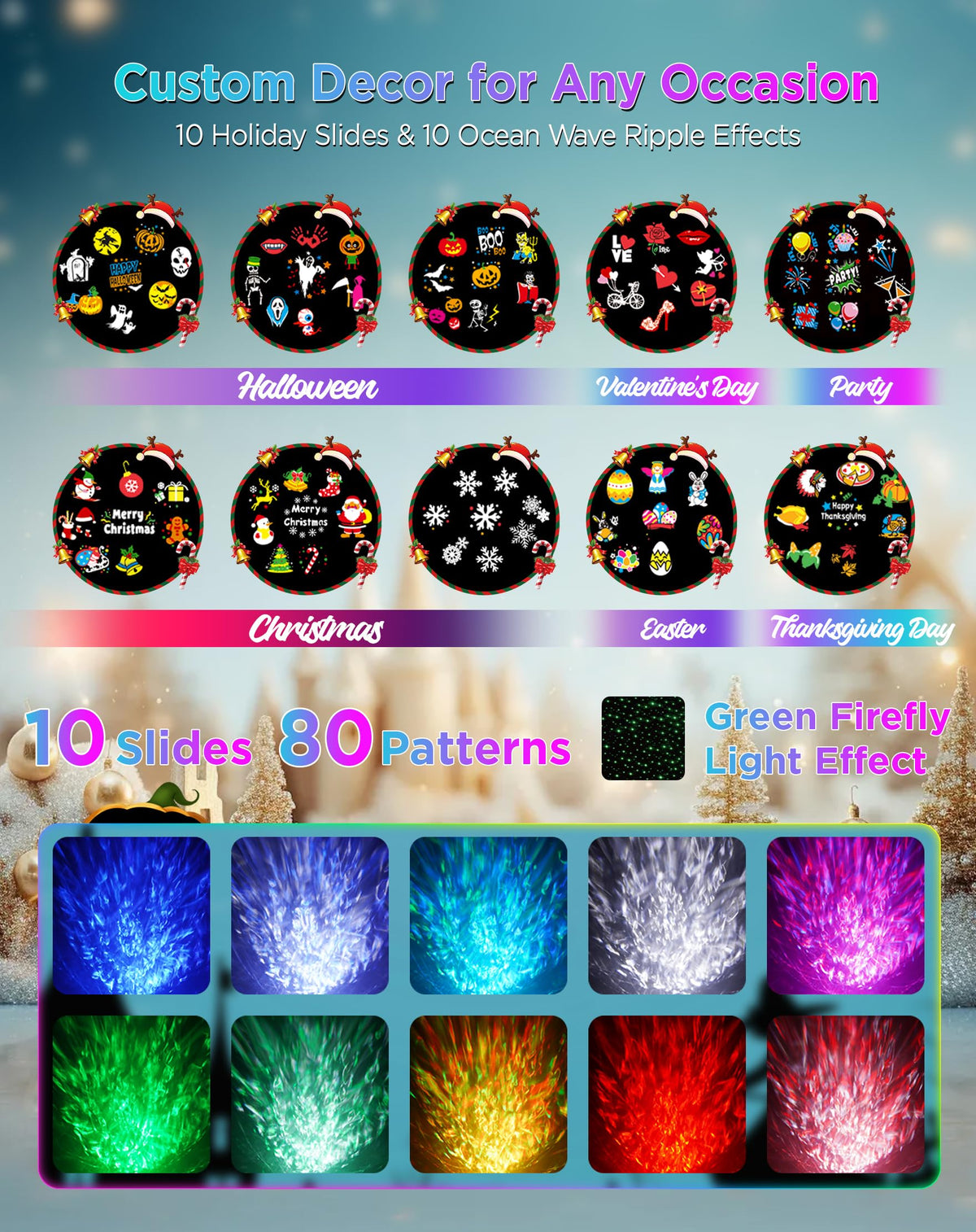 Christmas Projector Lights Outdoor Waterproof, 10 Slides x 8 Bright HD Patterns, Firefly & Ocean Wave Effects, Timer Snowflake Light Projector for House Yard Xmas New Year Valentine’s Thanksgiving