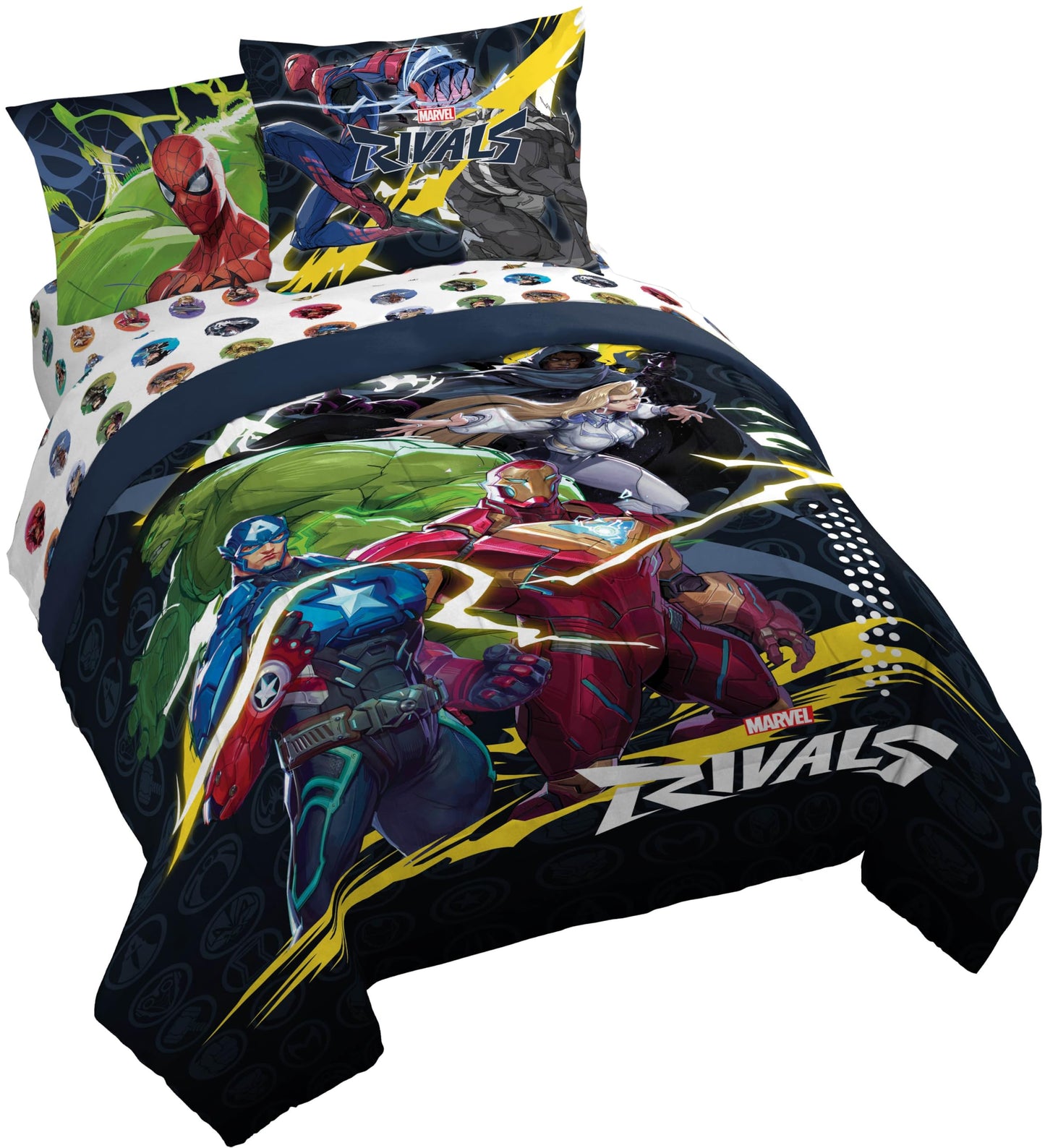 Jay Franco Kids Comforter Set Includes Sheets and Pillow Covers - Soft and Cozy Bed Set for Stylish Room Decor, Official Licensed Bedding, Multi - Marvel Rivals, 7 Piece Queen