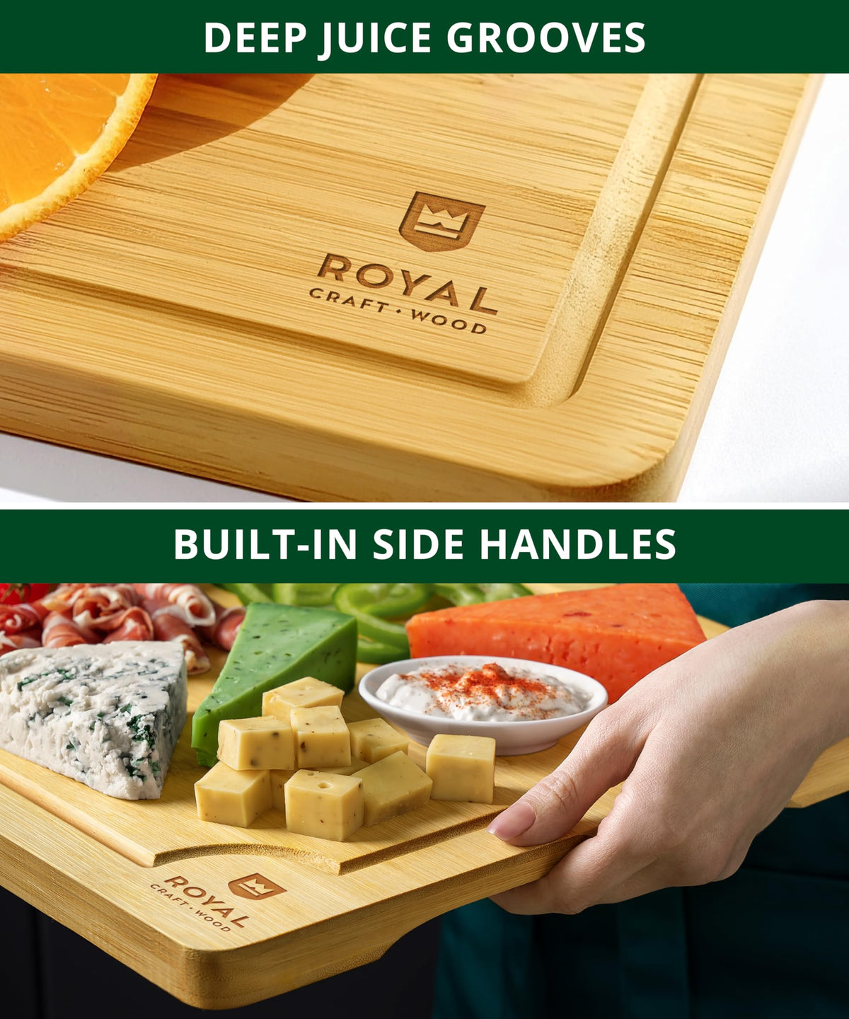 ROYAL CRAFT WOOD Wooden Cutting Boards for Kitchen Meal Prep & Serving - Bamboo Wood Serving Board Set with Deep Juice Groove Side Handles - Charcuterie & Chopping Butcher Block for Meat
