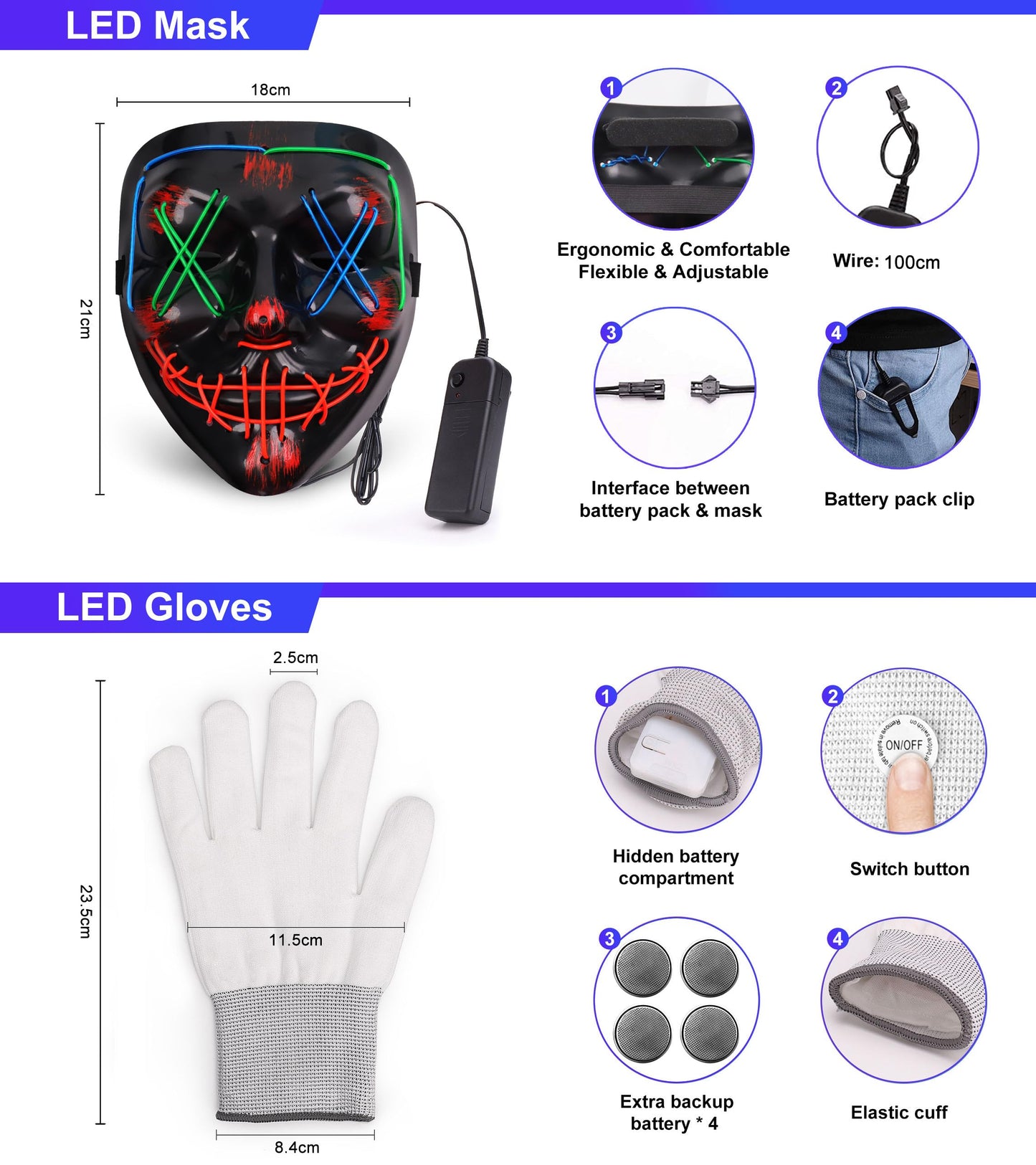 New Halloween LED Mask & Gloves in Multiple Light Modes, The Purge Mask Purge Costume, Light up Neon Gloves, Halloween Costumes for Women Kids Girls - Multicolor