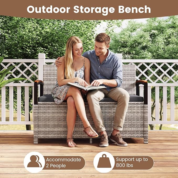 RELAX4LIFE Wicker Outdoor Storage Bench, Rattan Deck Box w/Protective Liner for Patio Furniture Pillows & Garden Tools, Porch Loveseat with Seat Cushion, Acacia Wood Armrests (Grey)