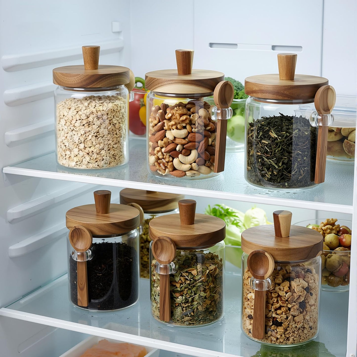 Remerry Set of 6 Glass Jar with Wooden Lid and Spoon, 13.5 oz Coffee Bean Tea Sugar Jar Set, Clear Airtight Spice Canisters Glass Food Storage Kitchen Containers for Coffee Bean Tea Sugar