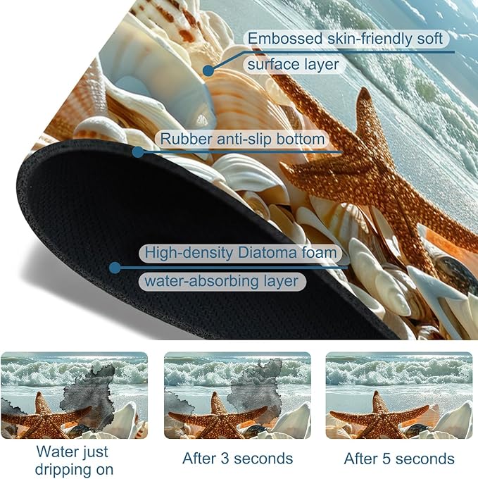 Beach Kitchen Sink Splash Guard Faucet Mat Shells Starfish Waves Super