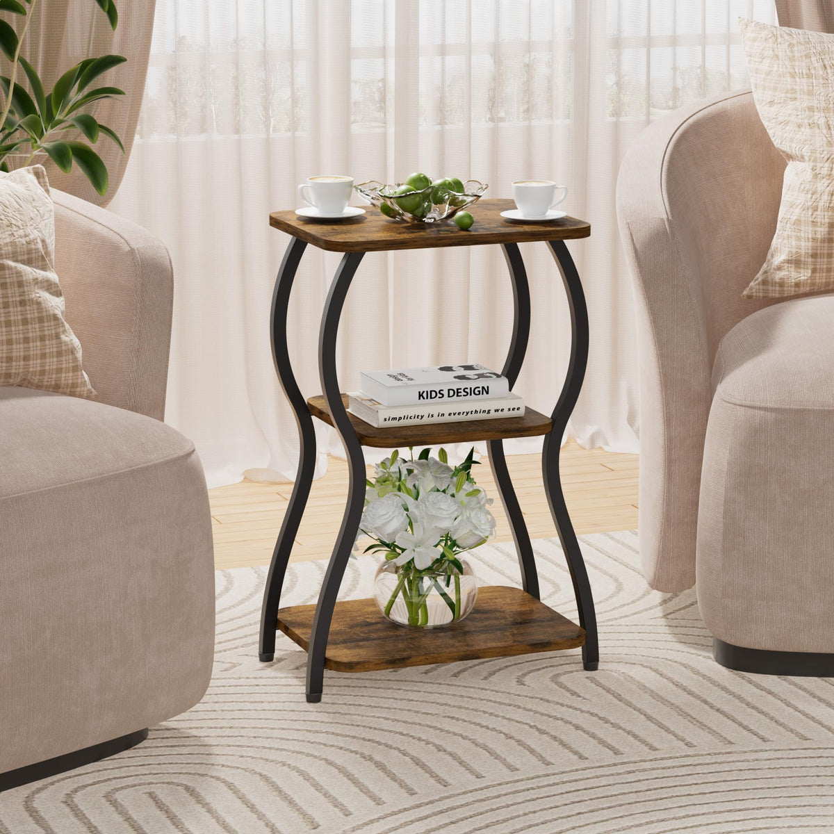 JUSTOGO Side Table, Small End Table for Small Spaces, 3-Tier Tall Nightstand Sofa Corner Accent Table Coffee Table with Storage Shelf for Living Room, Bedroom, Patio, Home Decor, Rustic Brown