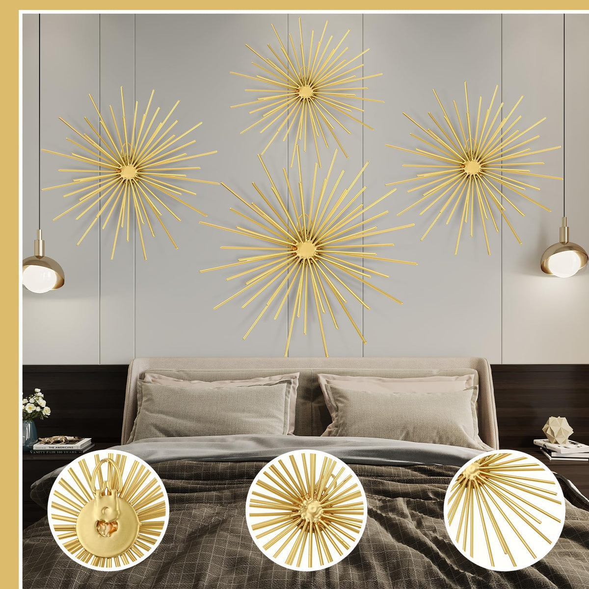 Shimeyao 4 Pcs Metal Starburst Wall Decor Gold Metal Wall Art 3D Spike Bling Finish Star Burst Hangings Accents Sculptures Set Modern Mid Century Decorations for Living Room Bedroom Entryway