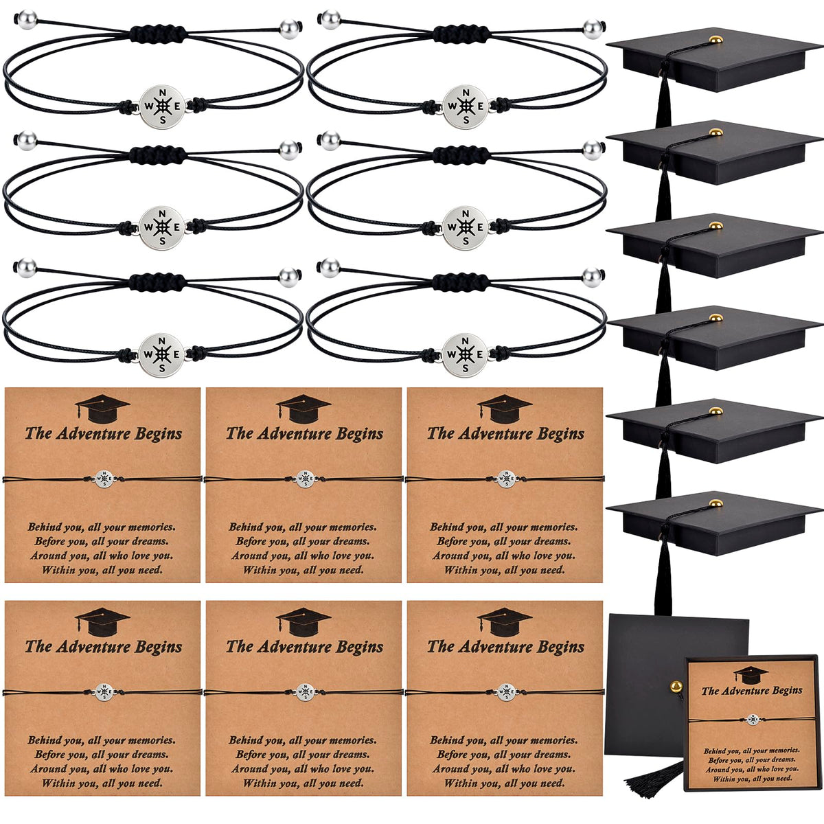 6 Sets Graduation Gift Grad Cap Box & Bracelet - 2026 Graduation Gifts Her Him, Adjustable Unisex Compass Bracelets Bracelet Tassel & Wish gift Grad card for Primary, Middle, High School & College Graduates