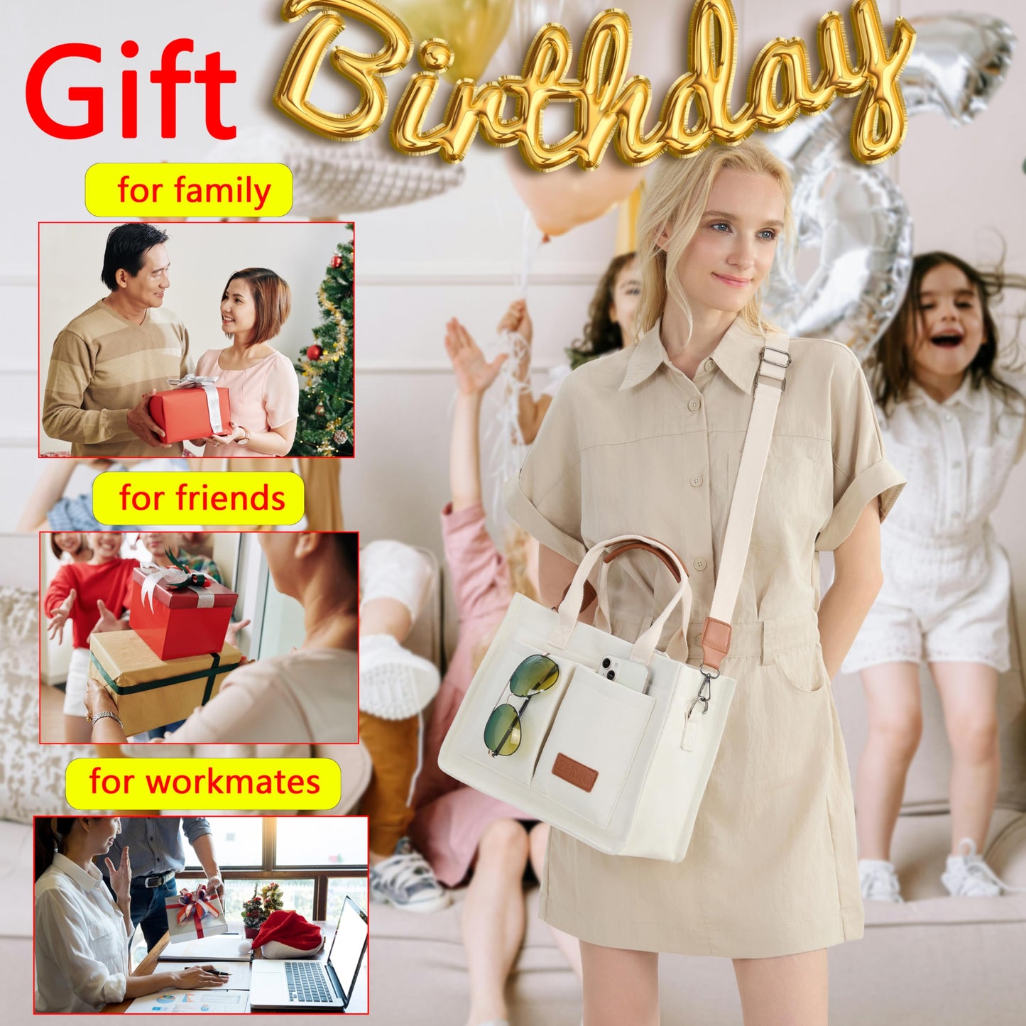 ZHMO Canvas Tote Bag with Compartments, Top Handle and Pockets for Women, Purse Crossbody Laptop Satchels Shoulder Handbags for Work, Book, Travel, Nurse, Church, Gym, Beach, Office, Beige, Large