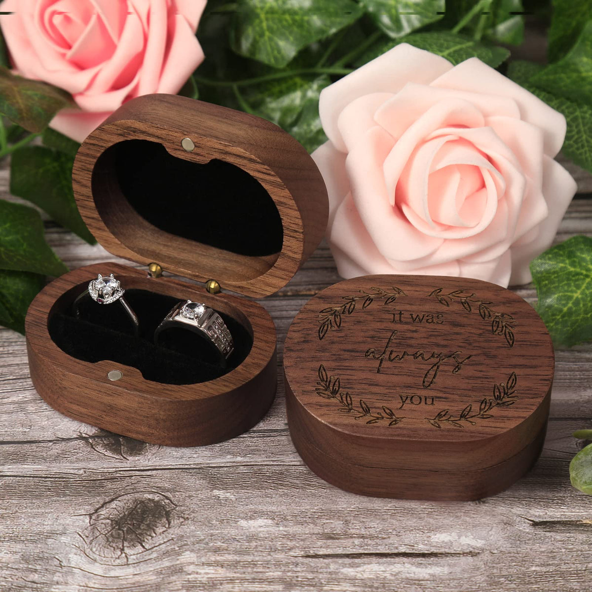 Booinxaa Wedding Ring Box for Proposal, Engagement Ring Holder Gift for Wedding Day, Handmade Wooden Rustic Ring Storage Box Engagement Gift