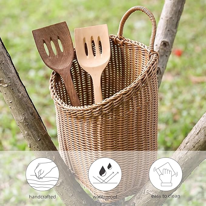 Woven Hanging Wicker Basket for Door, Handmade Rattan Hanging Wall Baskets for