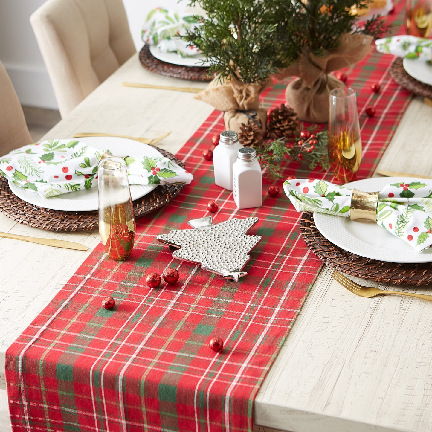 DII Holiday Dining Table Linen Collection Tartan Holly Plaid, Christmas Table Runner, 14x108, Red & Green