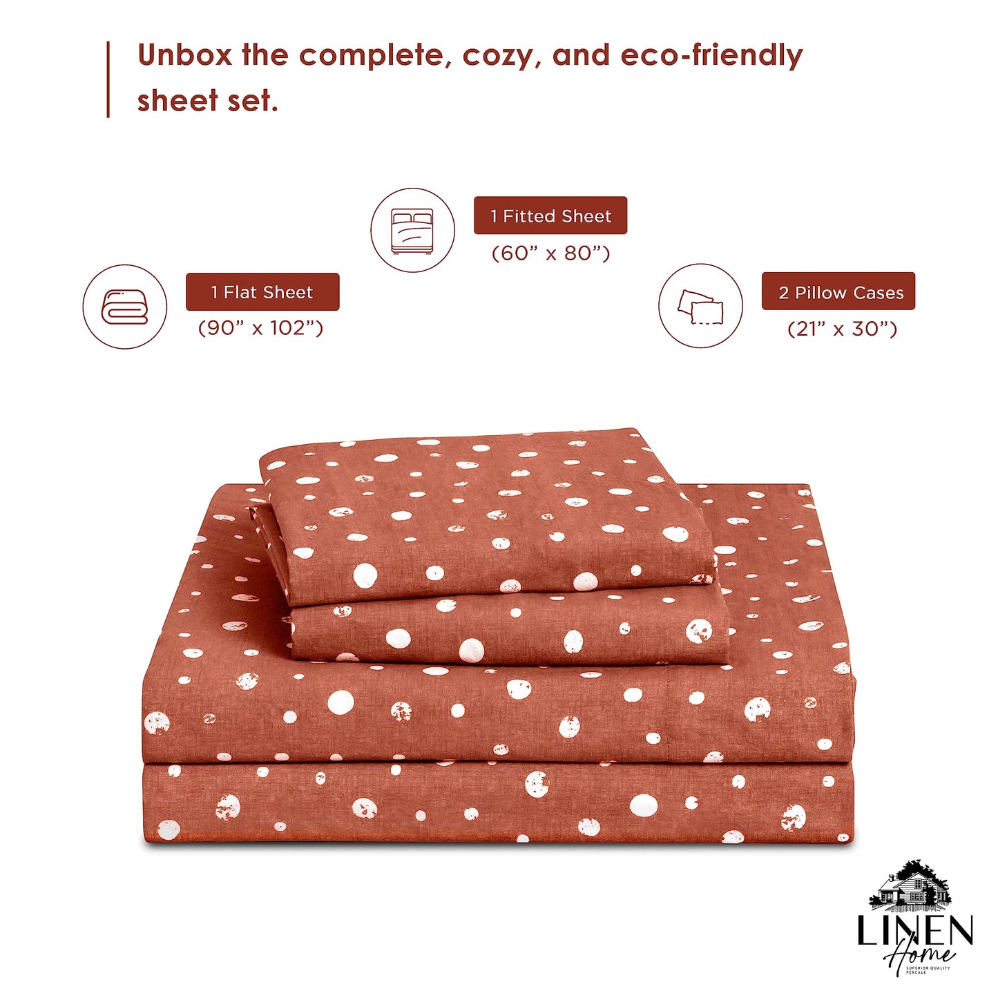 Linen Home Cotton Lyocell Blend Percale Sheet Set Queen Size - 4 Piece Deep Pocket Bedding, Pre-Washed & Shrunk, Crisp Cooling Fabric, Fade-Resistant, Hotel Luxury, Wrinkle-Free - Polka Cedar Wood