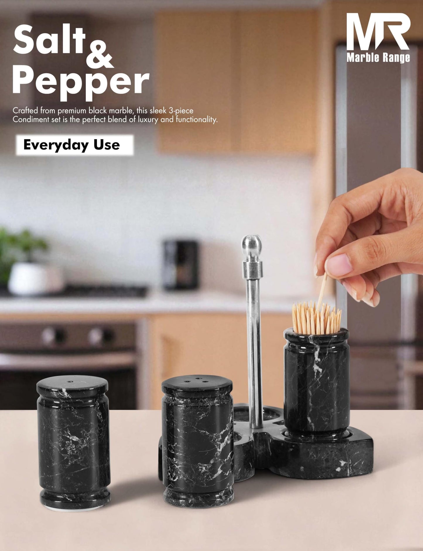 Marble Salt and Pepper Shakers Set of 3 – Handmade Black Stone Spice Shakers 0.8 oz with Tray, Elegant Tabletop Seasoning Set for Kitchen Countertop & Dining Table, Saleros Decorativos